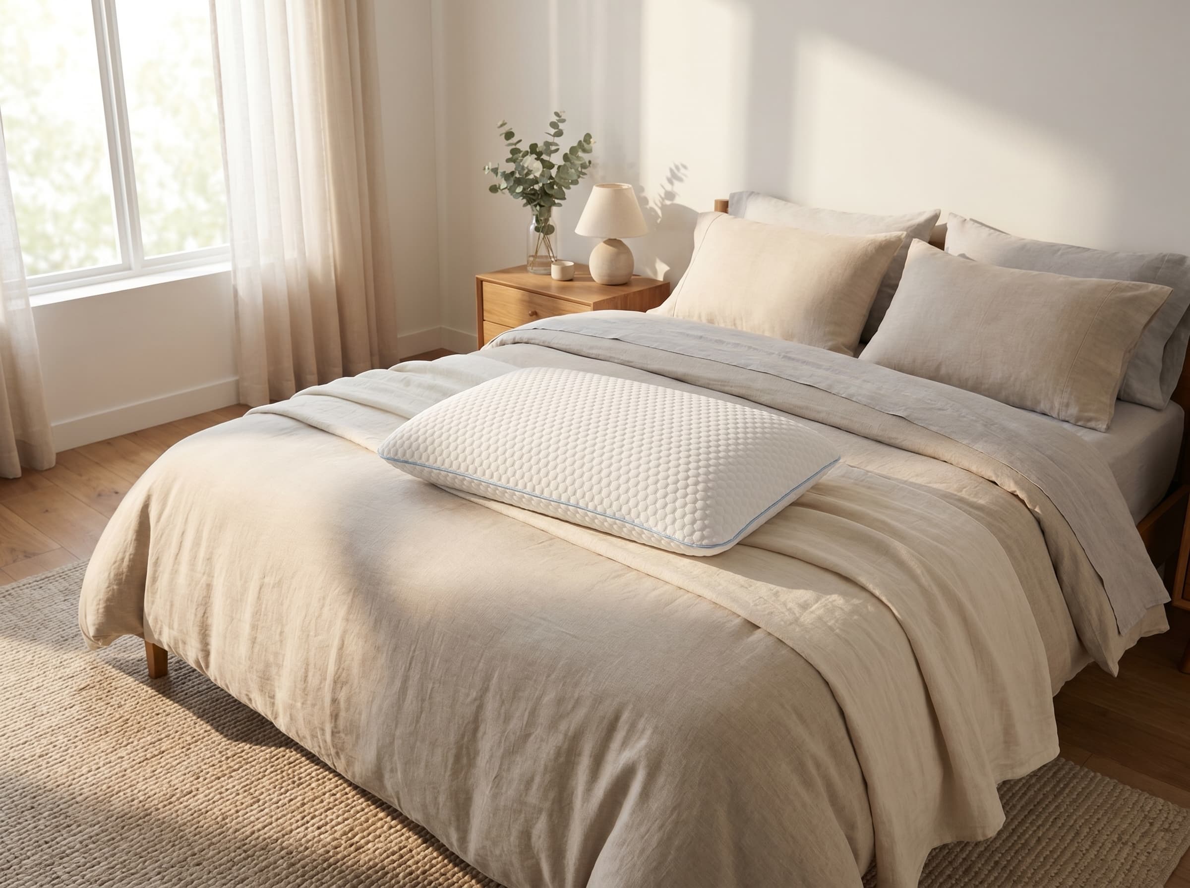 Maple Sleep pillow centered on a calm, minimal bed.