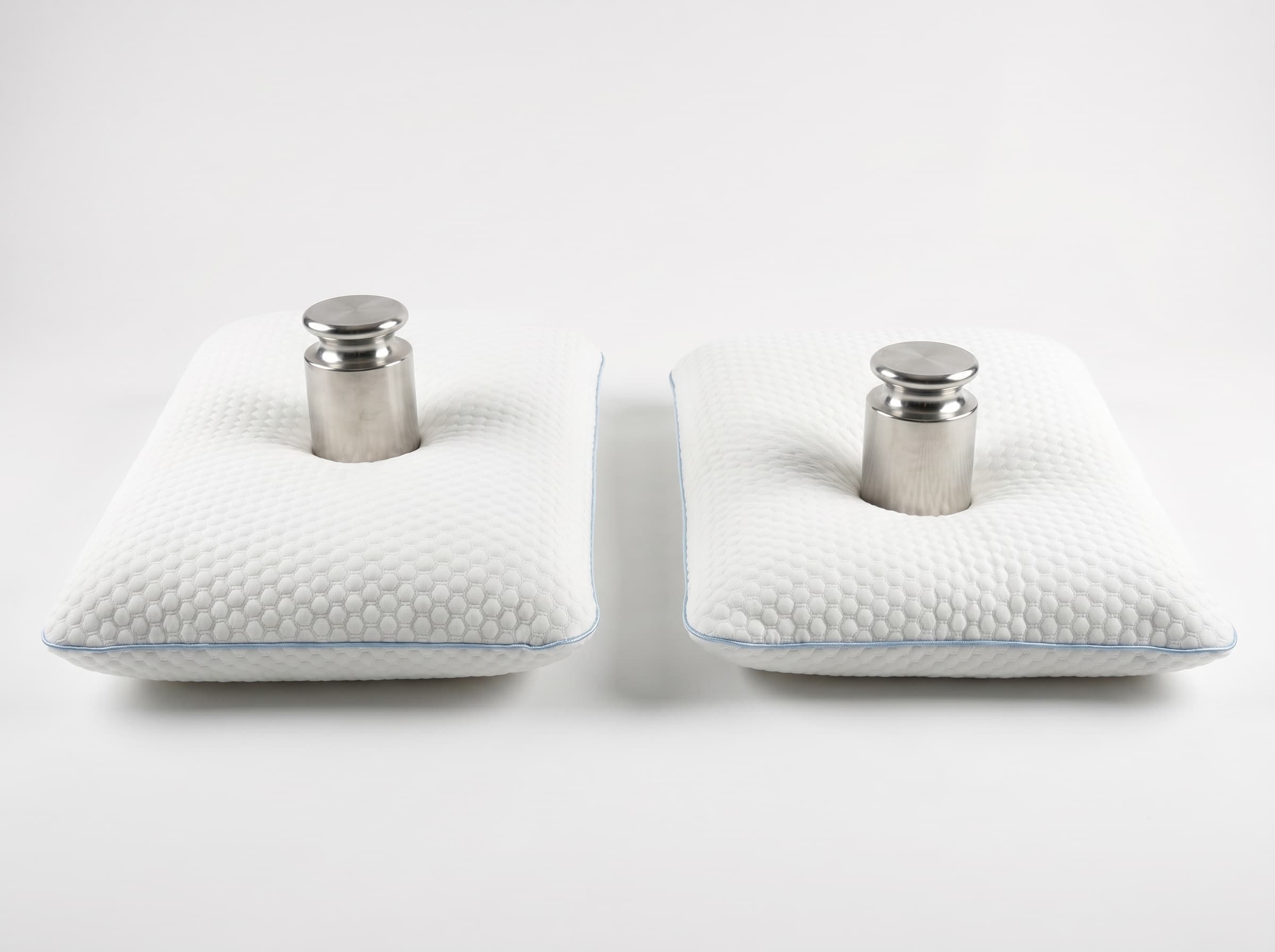 Two pillows side by side with a weight on each — left showing more loft at 60 seconds, right showing how much the pillow has settled by 300 seconds.