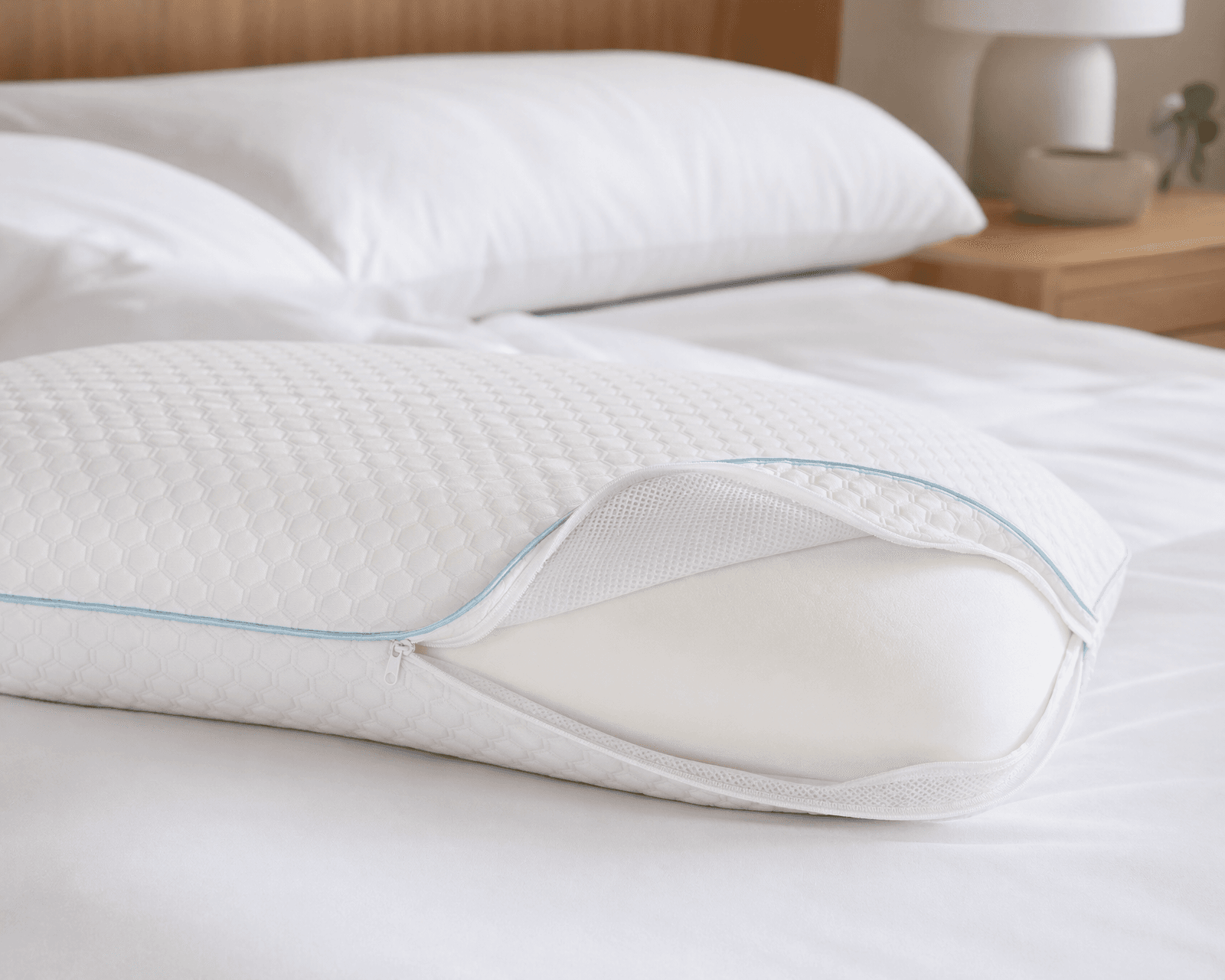 Maple Sleep FAQ and care illustration showing removable cover and folded bedding.