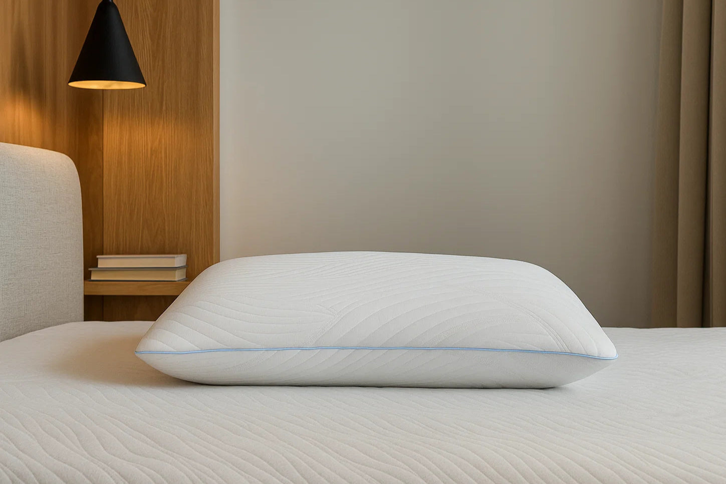 White pillow on a bed with a neutral background